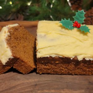 Gingerbread Loaf (our yuletide spiced pound cake topped with cream cheese icing)